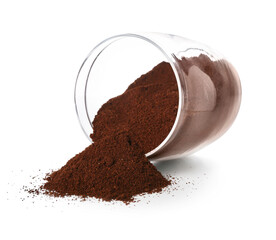 Overturned jar with coffee powder isolated on white background