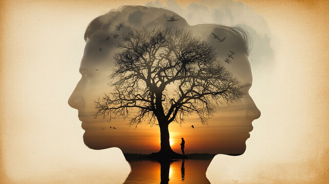Mindfulness meditation concept with nature and human silhouette art - Powered by Adobe