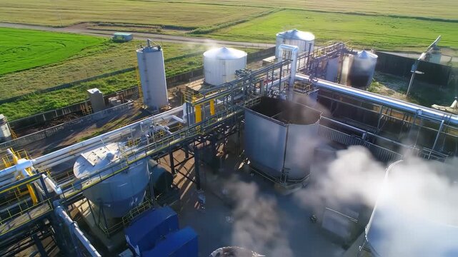 Aerial View of Industrial Factory Emitting Steam in Rural Landscape.