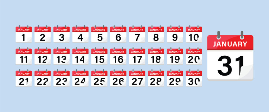 January month calendar icons set from day one to thirty one red white