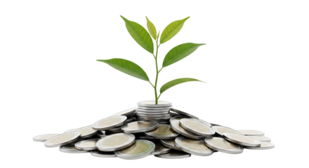 A small plant growing from a pile of coins symbolizing financial growth and investment, isolated on transparent background
