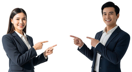 Two professionals, a man and woman, are pointing, exuding confidence and approachability. They showcase a collaborative work environment, isolated on transparent background