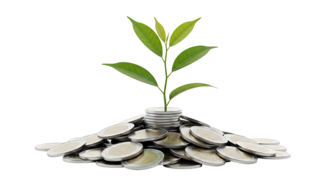 A small plant growing from a pile of coins symbolizing financial growth and investment, isolated on transparent background