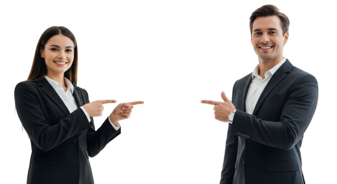 Two business professionals pointing fingers at opposite directions, emphasizing collaboration and direction, isolated on transparent background