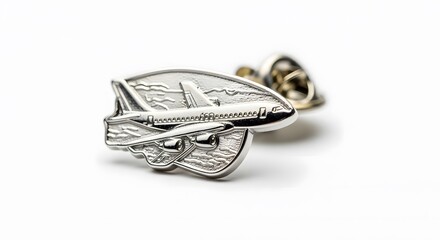 Silver Airplane Pin Badge on White Background