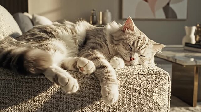 Adorable fluffy cat peacefully sleeping on a cozy sofa in a sunlit living room Perfect for relaxation comfort and pet-themed content