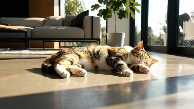 Peaceful Calico Tabby Cat Napping on Sunny Floor Relaxing Domestic Feline Lounging in Warm Sunlight in a Modern Living Room Serene Pet Enjoying a Cozy Afternoon