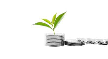 Growing investment or financial growth with stacked coins and a growing plant on top, isolated on transparent background