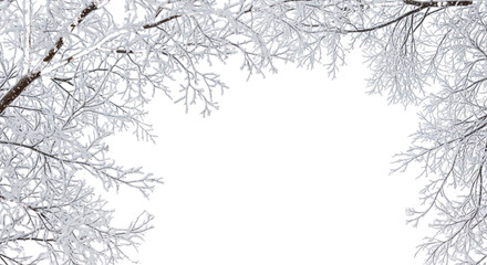 A transparent background with an isolated, angular frame made of snow- and ice-covered tree branches. A natural, open design for winter, Christmas, or holiday-themed backgrounds.