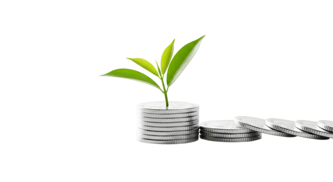 Growing investment or financial growth with stacked coins and a growing plant on top, isolated on transparent background