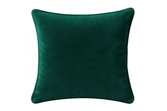 Green velvet square cushion with piping detail on transparent background, soft home decor isolated object - Powered by Adobe
