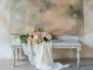 Elegant bouquet of roses and lace on a vintage bench near artwork