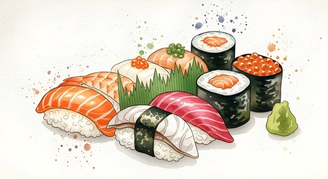 Authentic watercolor sushi nigiri set with salmon, tuna, shrimp, and roe for a delicious Japanese cuisine concept