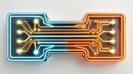 A futuristic circuit board with neon lights, set against a white background.