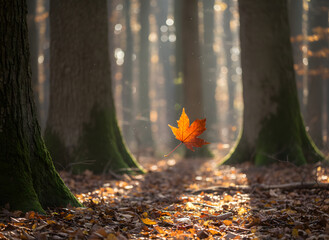 a leaf flying in the wind between the tree trunks