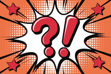 A graphic illustration of a red question mark and exclamation point within a white speech bubble, surrounded by red stars and an orange polka dot background.