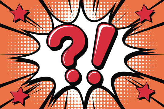 A graphic illustration of a red question mark and exclamation point within a white speech bubble, surrounded by red stars and an orange polka dot background.