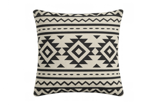 Pillow with tribal geometric pattern, black and white cushion for home decor, featuring zigzag and diamond shapes