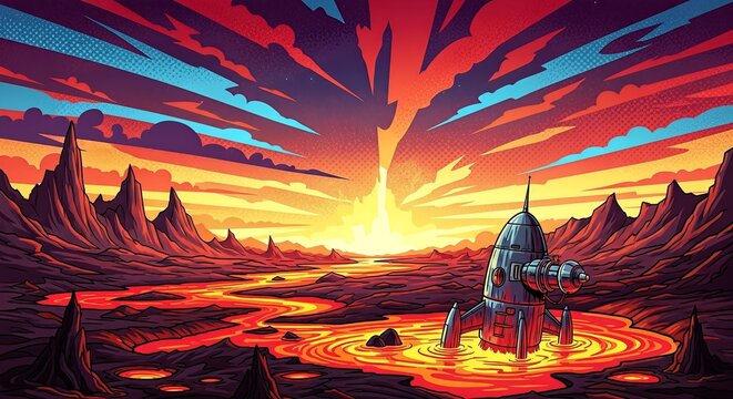 Retro rocket ship landed in a vibrant alien volcanic landscape with a dramatic sunset sky.