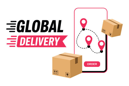 Global delivery service illustrated with a smartphone displaying a route and shipping boxes, symbolizing logistics and e-commerce.