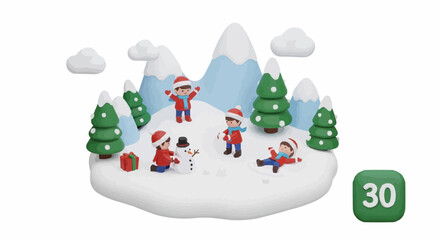 Winter Fun Children Playing in a Snowy Landscape Illustration