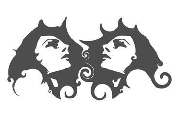 Two young women face front view. Melted with spiral and decorated by curls. Elegant silhouette of a female heads. Split personality disorder. Friendship, communication and family concept.
