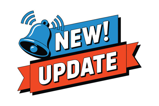 A ringing blue bell sits on a blue banner that reads "NEW!" with a red banner below that reads "UPDATE", symbolizing an announcement or notification.