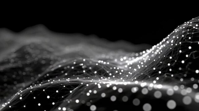 A monochrome abstract landscape of glowing nodes and interconnecting lines on a black background