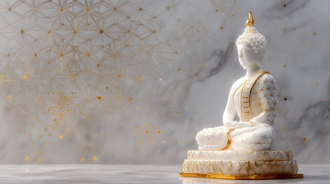A white Buddha statue with golden accents, sitting in a meditative pose against a marble background with golden patterns and stars.