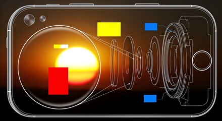 Cross-section diagram of a smartphone's optical lens system superimposed on a sunset, illustrating internal components and light path.