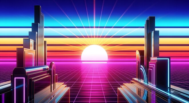 A vibrant retro-futuristic cityscape with neon glowing buildings and a radiant sunset over a grid horizon, evoking a synthwave aesthetic.