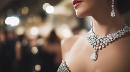 A woman's neck adorned with a luxurious diamond necklace and earrings, set against a blurred background of a formal event.