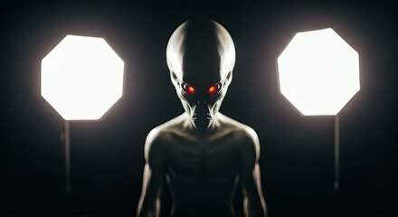 Menacing alien creature with glowing red eyes stands in dark room illuminated by two bright lights.