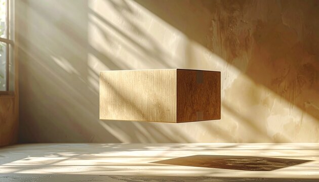 Abstract wooden cube floating in a sunlit room casting geometric shadows on textured walls