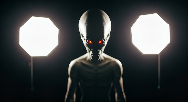 Menacing alien creature with glowing red eyes stands in dark room illuminated by two bright lights.