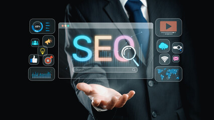 SEO concept for improving SEO visibility, with SEO related digital tools and SEO performance icons shown in an focused layout for strategic marketing. Elide