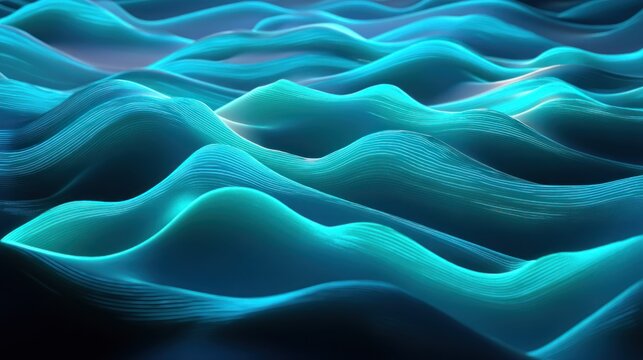 A blue and green abstract wave pattern with a dark background, featuring a futuristic and digital aesthetic. - Powered by Adobe