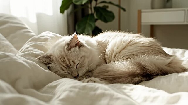 Cozy fluffy cat sleeping soundly on a crisp white bed bathed in soft morning sunlight A serene and peaceful domestic scene showcasing a comfortable pet