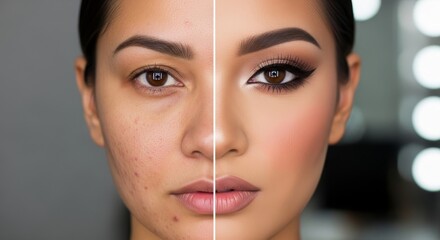 Woman's face before and after makeup. Transformation from natural, problem skin with acne to a glamorous evening look. Concept for cosmetics, beauty salons, and makeup artist services.