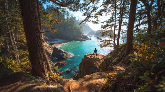 Solitary Contemplation: a silhouette figure standing atop a cliff, taking in a breathtaking panorama of the coastal landscape, where the verdant forest meets the tranquil turquoise ocean. - Powered by Adobe