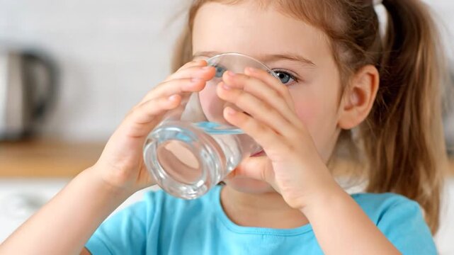 A young girl drinks a glass of water, focused on hydration. Blonde hair, blue shirt