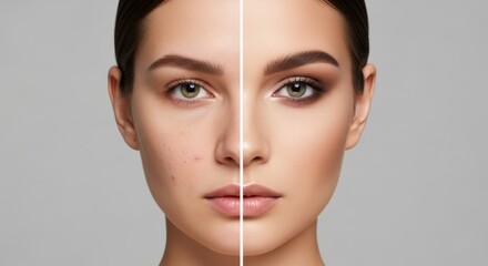 Woman's face before and after makeup. Transformation from natural, problem skin with acne to a glamorous evening look. Concept for cosmetics, beauty salons, and makeup artist services.