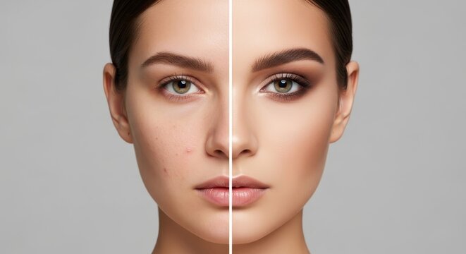 Woman's face before and after makeup. Transformation from natural, problem skin with acne to a glamorous evening look. Concept for cosmetics, beauty salons, and makeup artist services.