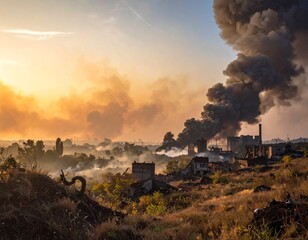 戦争中の攻撃を受けて煙の上がる街