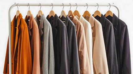 Row of stylish coats hanging on rack in neutral and warm colors
