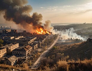 無茶苦茶に壊れたヨーロッパの街と火災