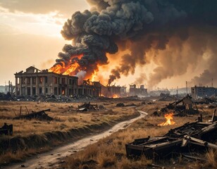 攻撃が止んだ後の火が上がる戦場の街