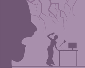 Abused young woman. Crying woman woman working on laptop in office and harassed by her boss. Aggressive man blaming and threatening. Social concept of sexual assault, violence and harassment.