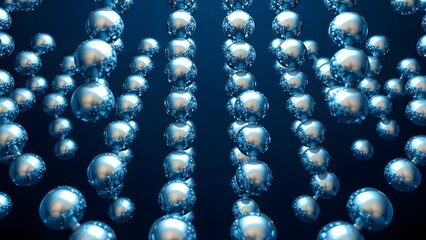 Abstract 3D rendering of a futuristic matrix composed of glossy blue metallic spheres arranged in orderly columns and rows