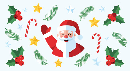Festive Santa Claus Surrounded by Christmas Decorations, Holly, Candy Canes, Stars, and Pine Branches.